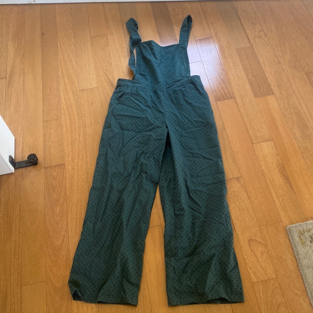 Emerald green polka dot overalls